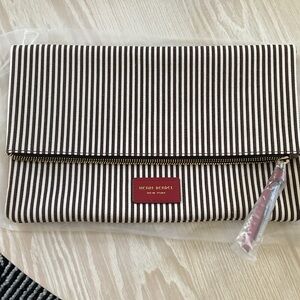 Henri Bendel Brown & White Striped Fold-Over Clutch with Red Logo